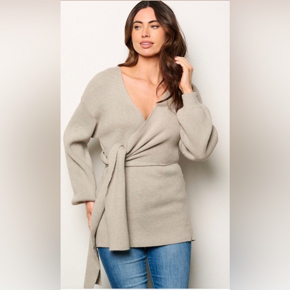 WOMEN'S LONG SLEEVE SELF TIE WRAP RIBBED BLOUSE GRAY TOP - Picture 2 of 3